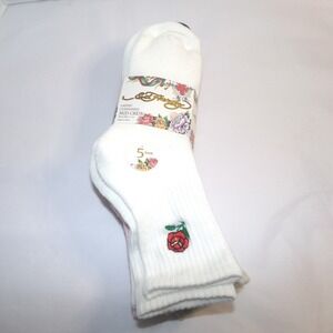 Ed Hardy Womens Crew Socks 5 Pack Ivory Pink Grey Rose Winged Heart New NWT